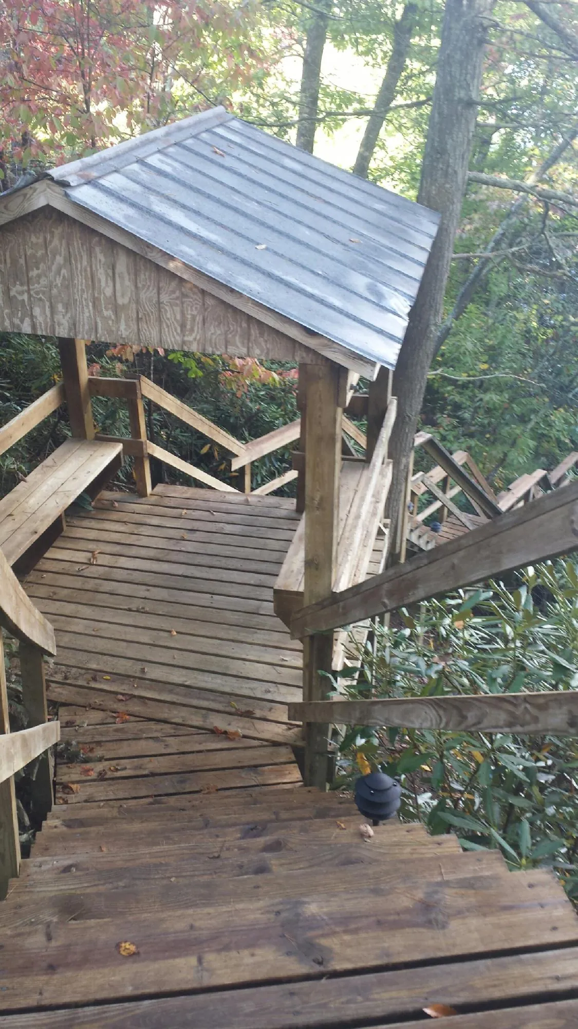 Metal roofed shelter over wooden steps on a wooded walkway — Skylight Repair & Installation work by our crew in Mount Carroll